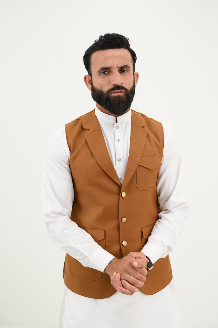 AlifYay - Blended Kurta Shalwar With Waistcoat For Men - White & Camel Brown - 3 Piece Suit