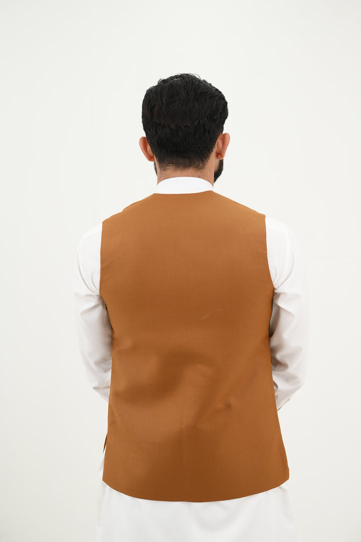 AlifYay - Blended Kurta Shalwar With Waistcoat For Men - White & Camel Brown - 3 Piece Suit