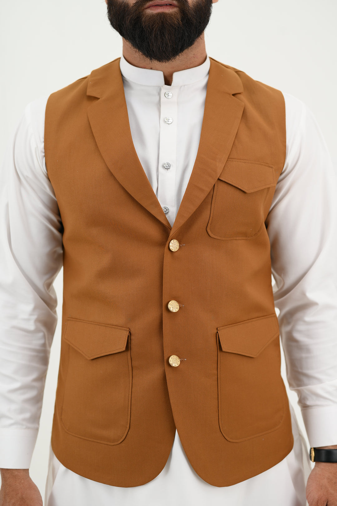 AlifYay - Blended Kurta Shalwar With Waistcoat For Men - White & Camel Brown - 3 Piece Suit