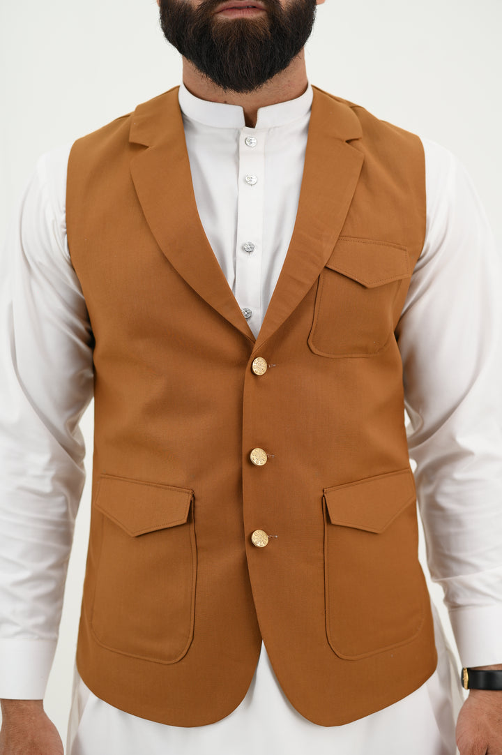 AlifYay - Blended Kurta Shalwar With Waistcoat For Men - White & Camel Brown - 3 Piece Suit