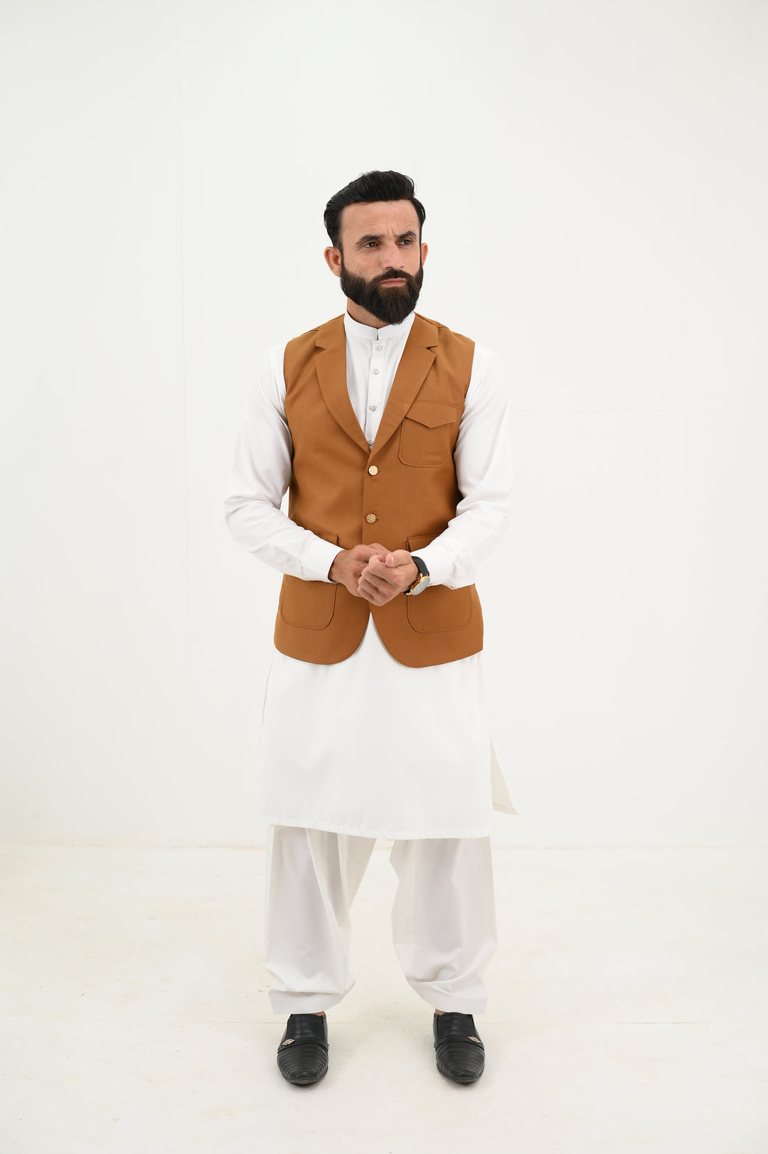AlifYay - Blended Kurta Shalwar With Waistcoat For Men - White & Camel Brown - 3 Piece Suit