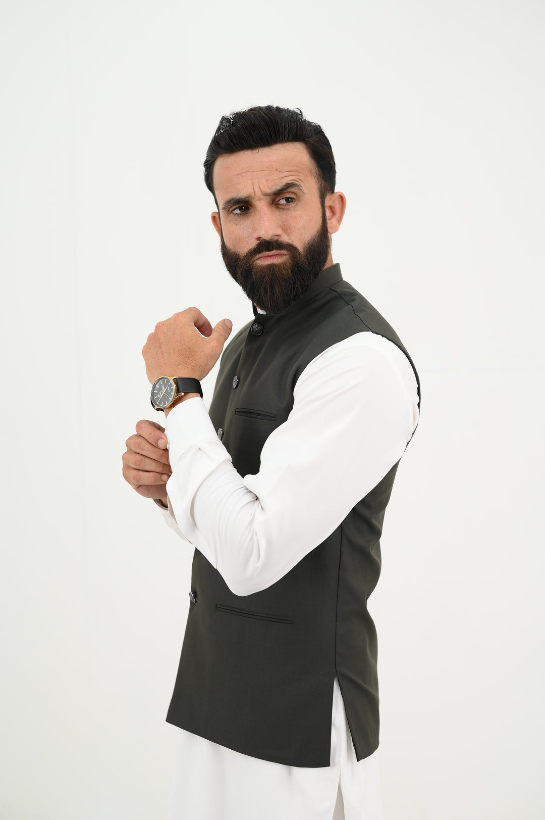 AlifYay - Blended Kurta Shalwar With Waistcoat For Men - White & Charcoal Black - 3 Piece Suit