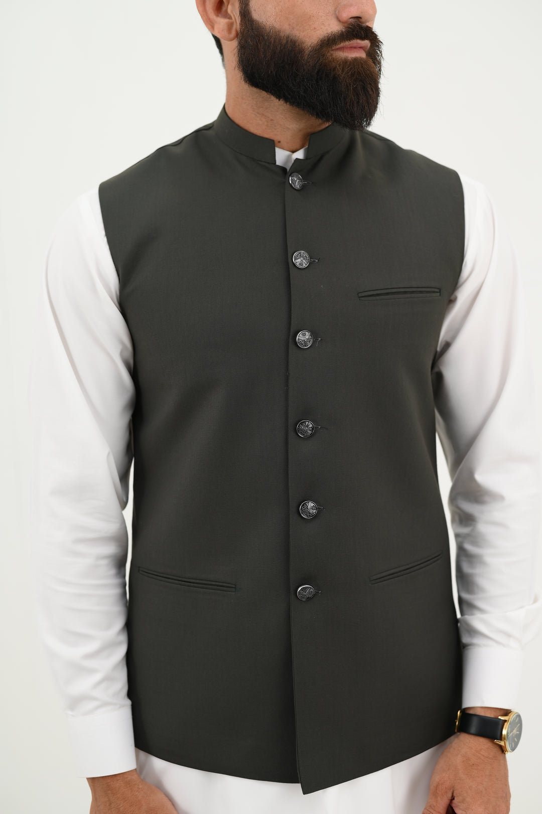 AlifYay - Blended Kurta Shalwar With Waistcoat For Men - White & Charcoal Black - 3 Piece Suit