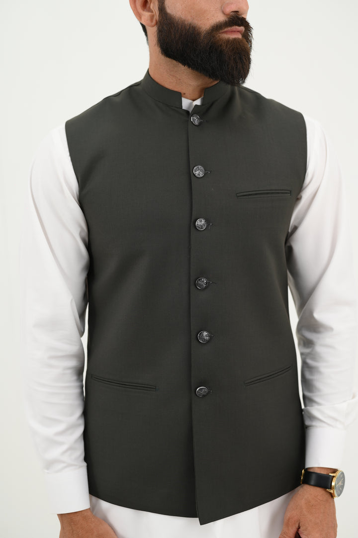 AlifYay - Blended Kurta Shalwar With Waistcoat For Men - White & Charcoal Black - 3 Piece Suit