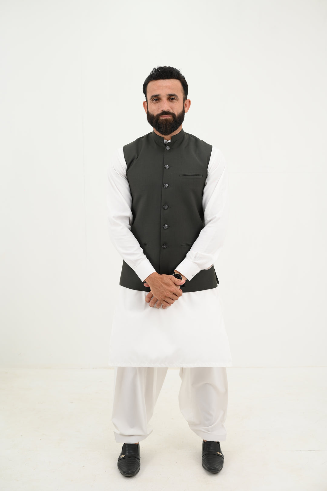 AlifYay - Blended Kurta Shalwar With Waistcoat For Men - White & Charcoal Black - 3 Piece Suit