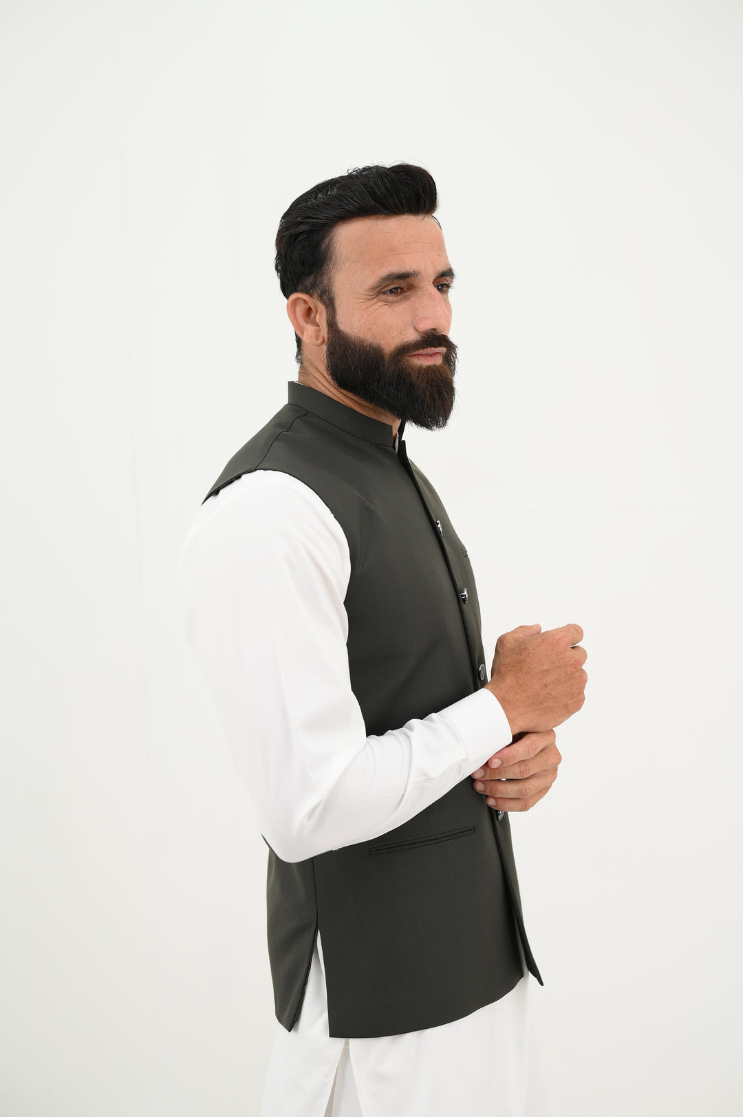 AlifYay - Blended Kurta Shalwar With Waistcoat For Men - White & Charcoal Black - 3 Piece Suit