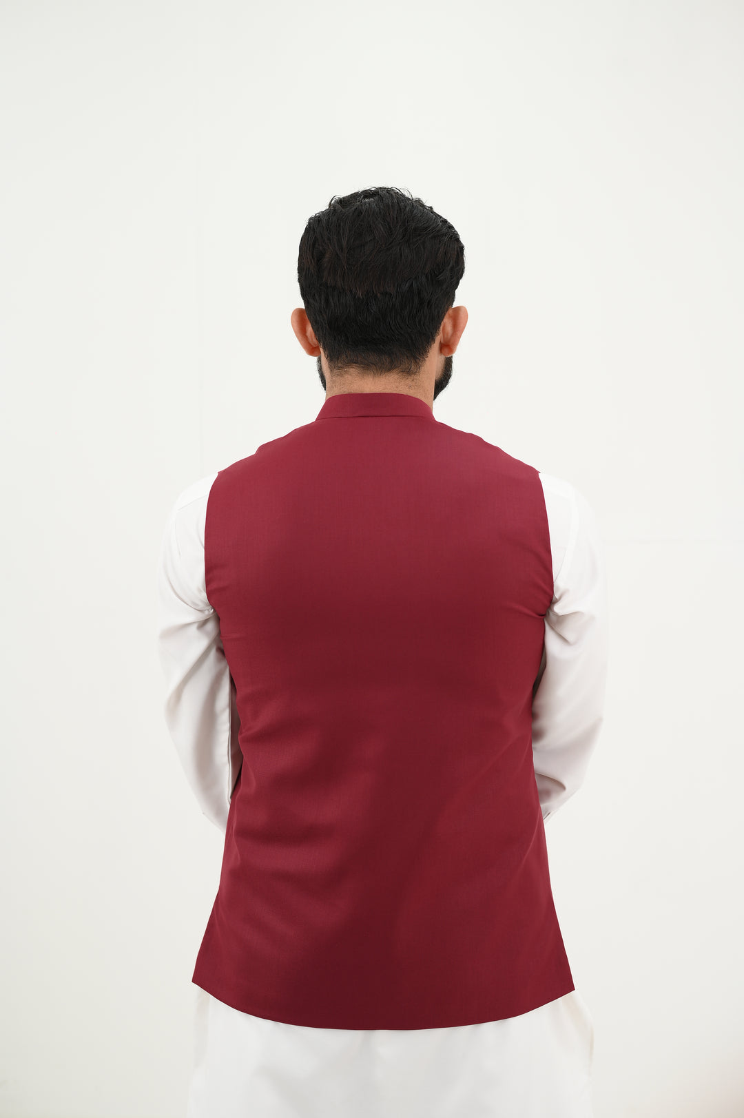 AlifYay - Blended Kurta Shalwar With Waistcoat For Men - White & Deep Maroon - 3 Piece Suit