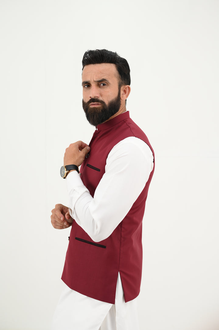 AlifYay - Blended Kurta Shalwar With Waistcoat For Men - White & Deep Maroon - 3 Piece Suit