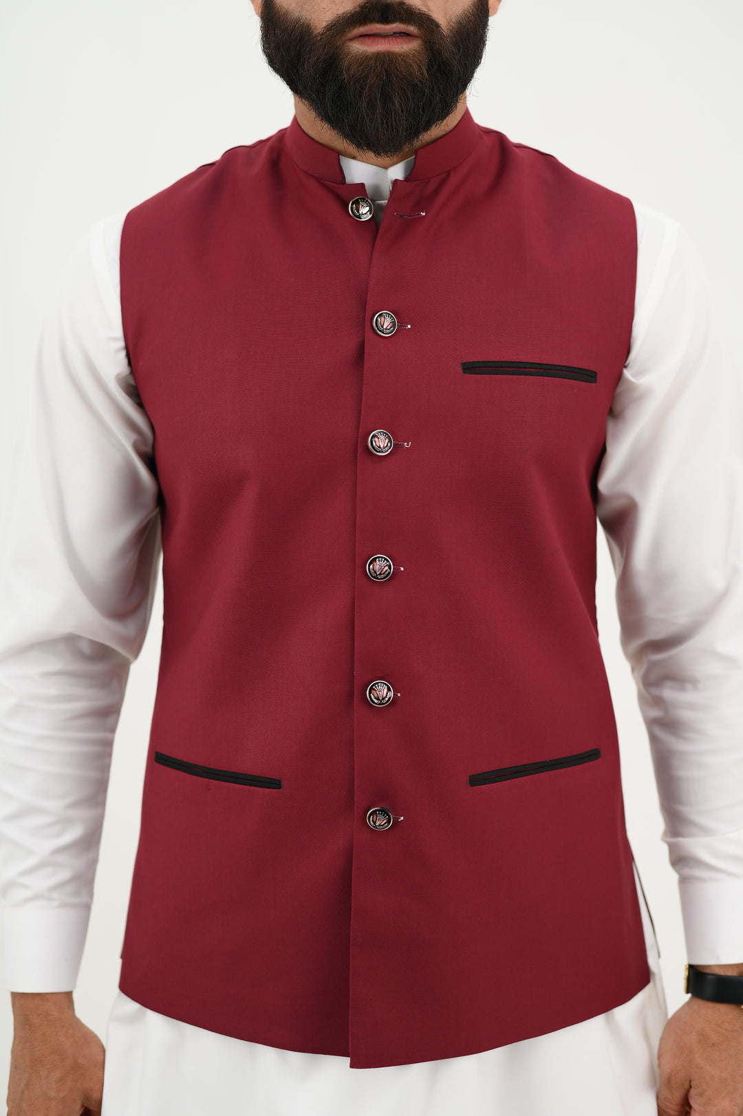 AlifYay - Blended Kurta Shalwar With Waistcoat For Men - White & Deep Maroon - 3 Piece Suit