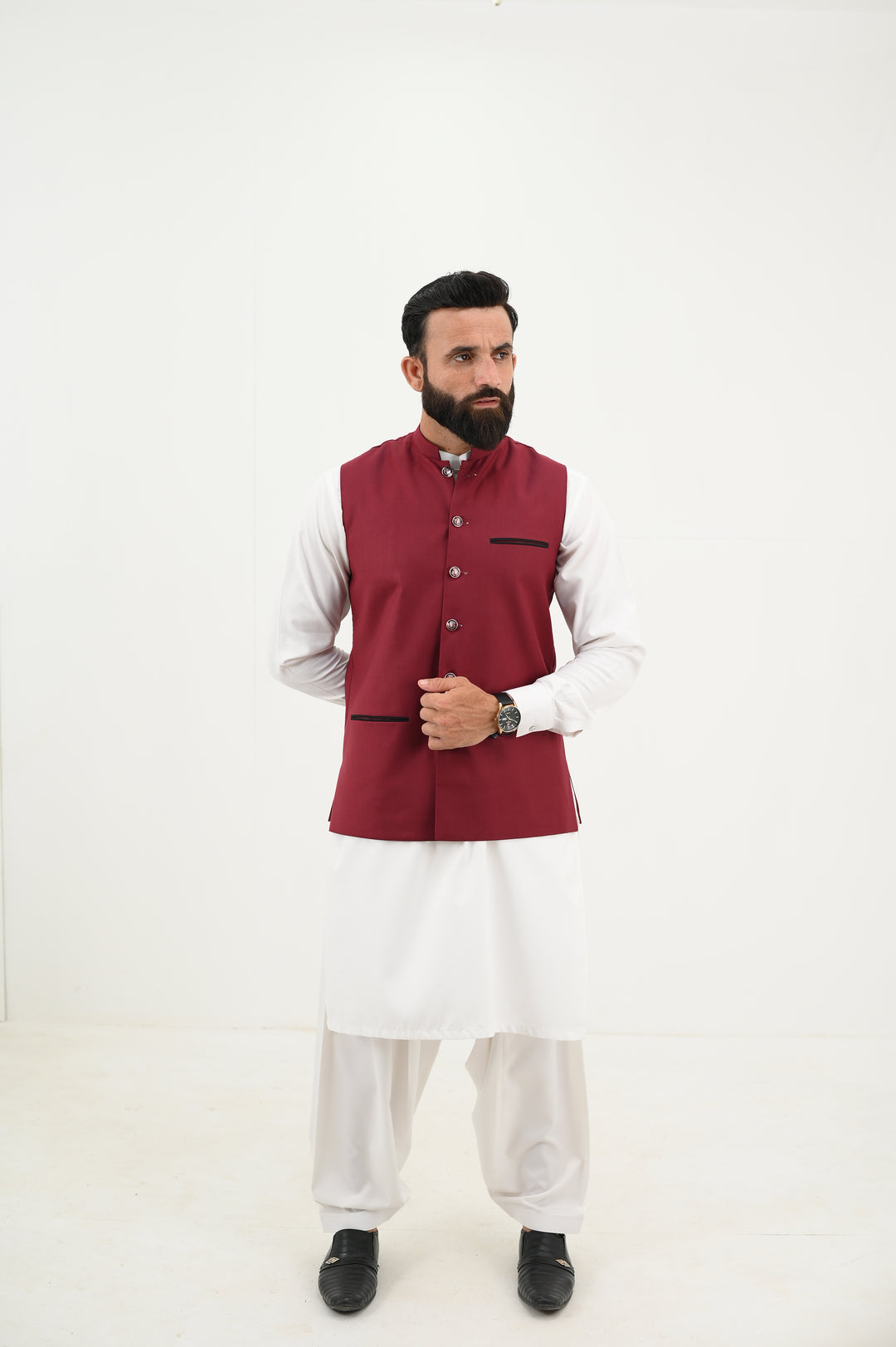 AlifYay - Blended Kurta Shalwar With Waistcoat For Men - White & Deep Maroon - 3 Piece Suit