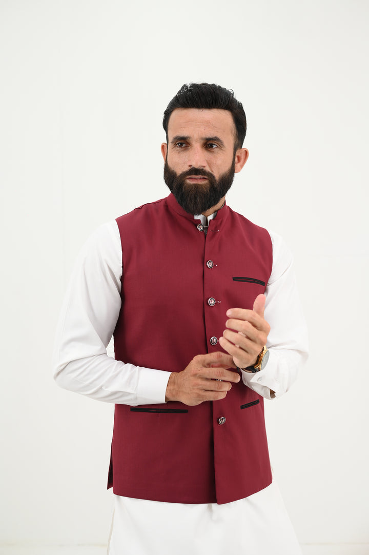 AlifYay - Blended Kurta Shalwar With Waistcoat For Men - White & Deep Maroon - 3 Piece Suit
