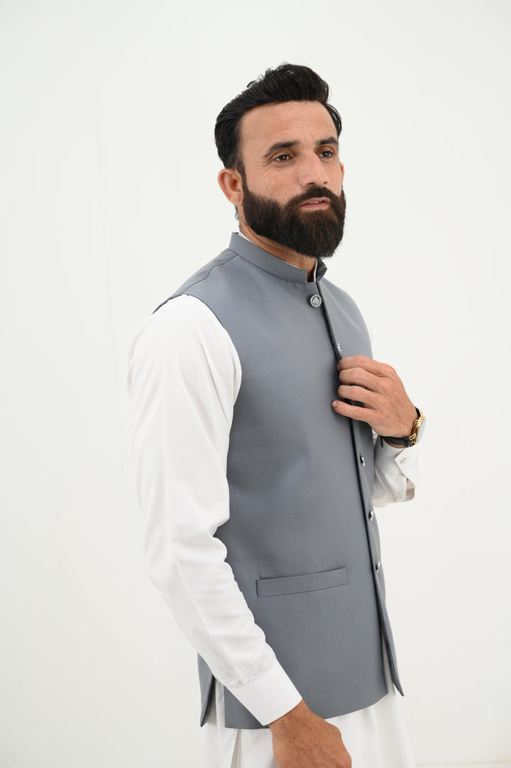 AlifYay - Blended Kurta Shalwar With Waistcoat For Men - White & Grey - 3 Piece Suit