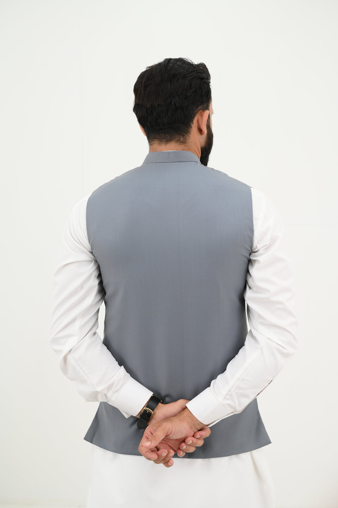 AlifYay - Blended Kurta Shalwar With Waistcoat For Men - White & Grey - 3 Piece Suit