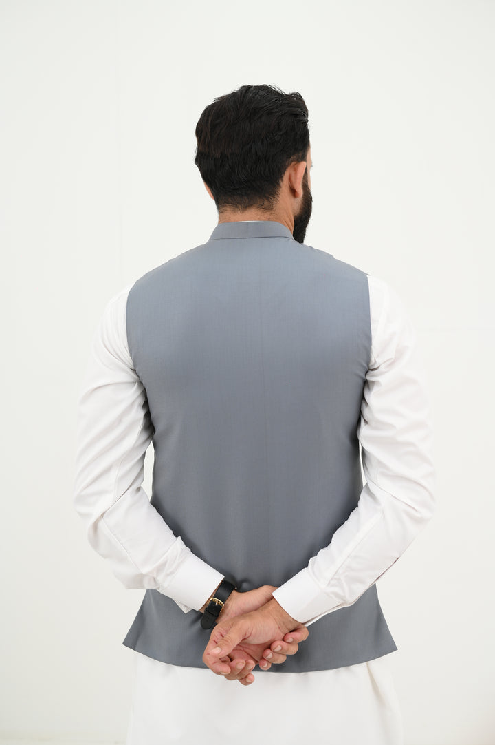 AlifYay - Blended Kurta Shalwar With Waistcoat For Men - White & Grey - 3 Piece Suit