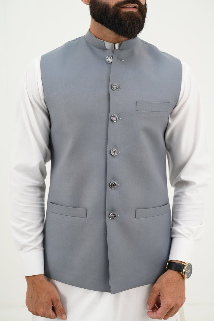 AlifYay - Blended Kurta Shalwar With Waistcoat For Men - White & Grey - 3 Piece Suit