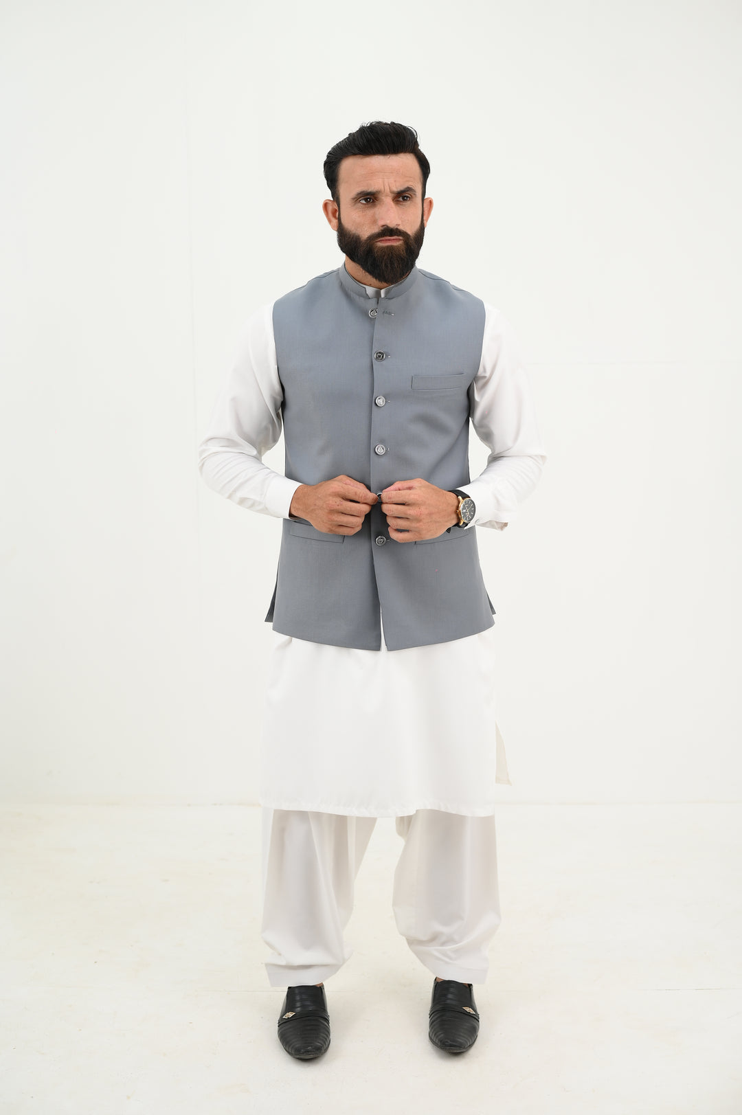 AlifYay - Blended Kurta Shalwar With Waistcoat For Men - White & Grey - 3 Piece Suit