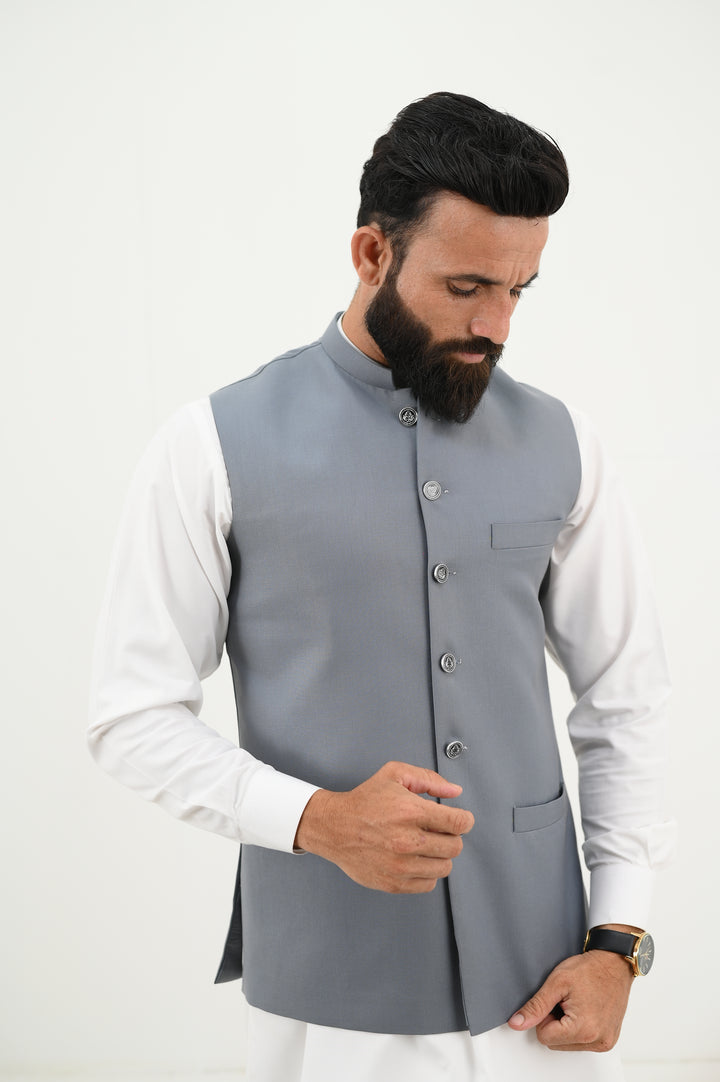 AlifYay - Blended Kurta Shalwar With Waistcoat For Men - White & Grey - 3 Piece Suit