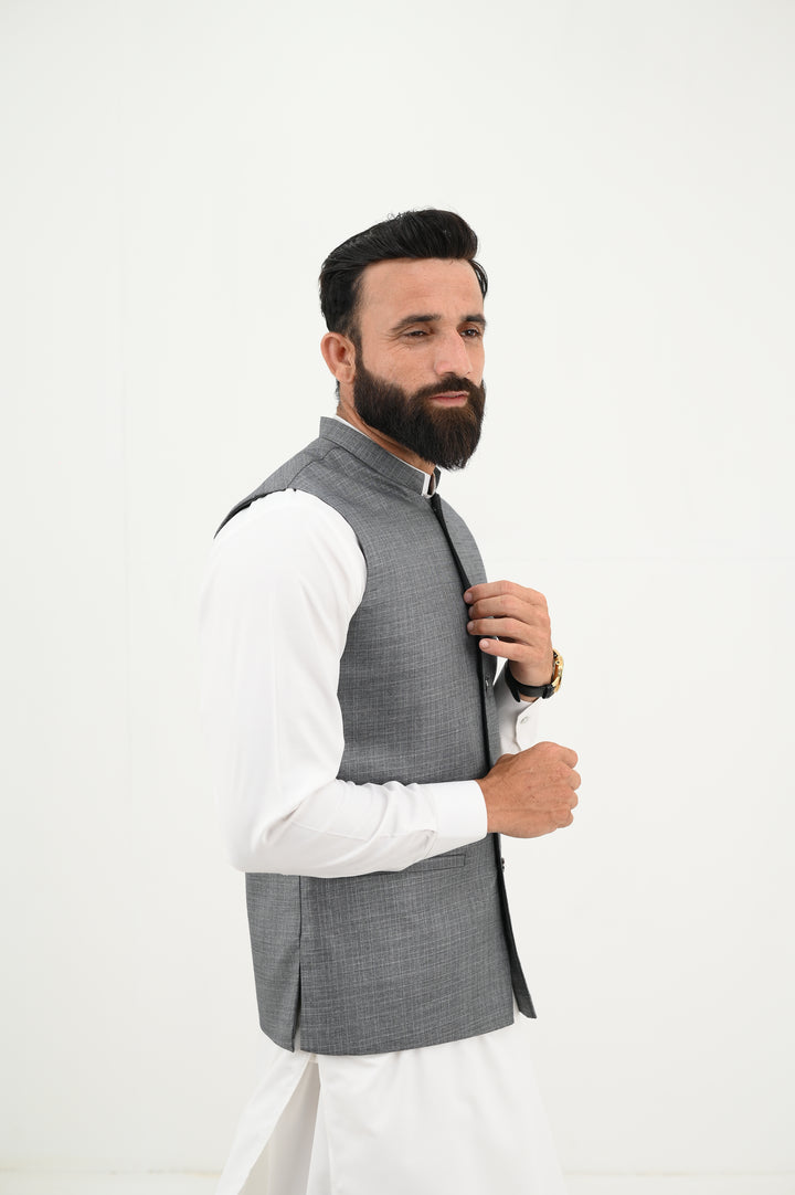 AlifYay - Blended Kurta Shalwar With Waistcoat For Men - White & Grey - 3 Piece Suit