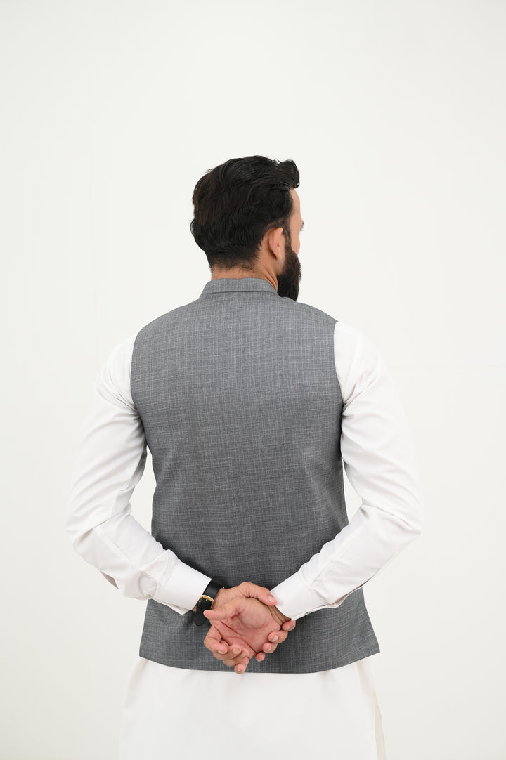 AlifYay - Blended Kurta Shalwar With Waistcoat For Men - White & Grey - 3 Piece Suit