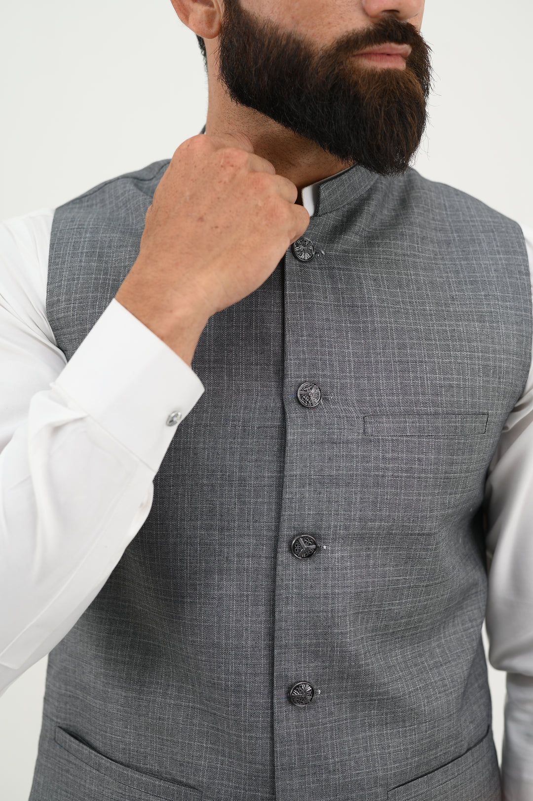 AlifYay - Blended Kurta Shalwar With Waistcoat For Men - White & Grey - 3 Piece Suit