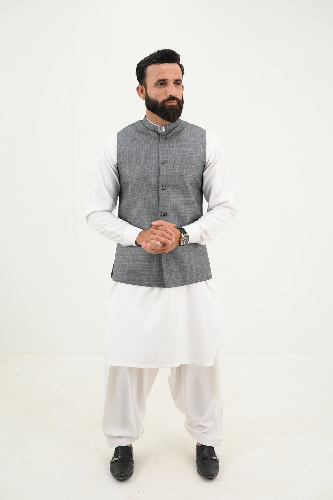 AlifYay - Blended Kurta Shalwar With Waistcoat For Men - White & Grey - 3 Piece Suit
