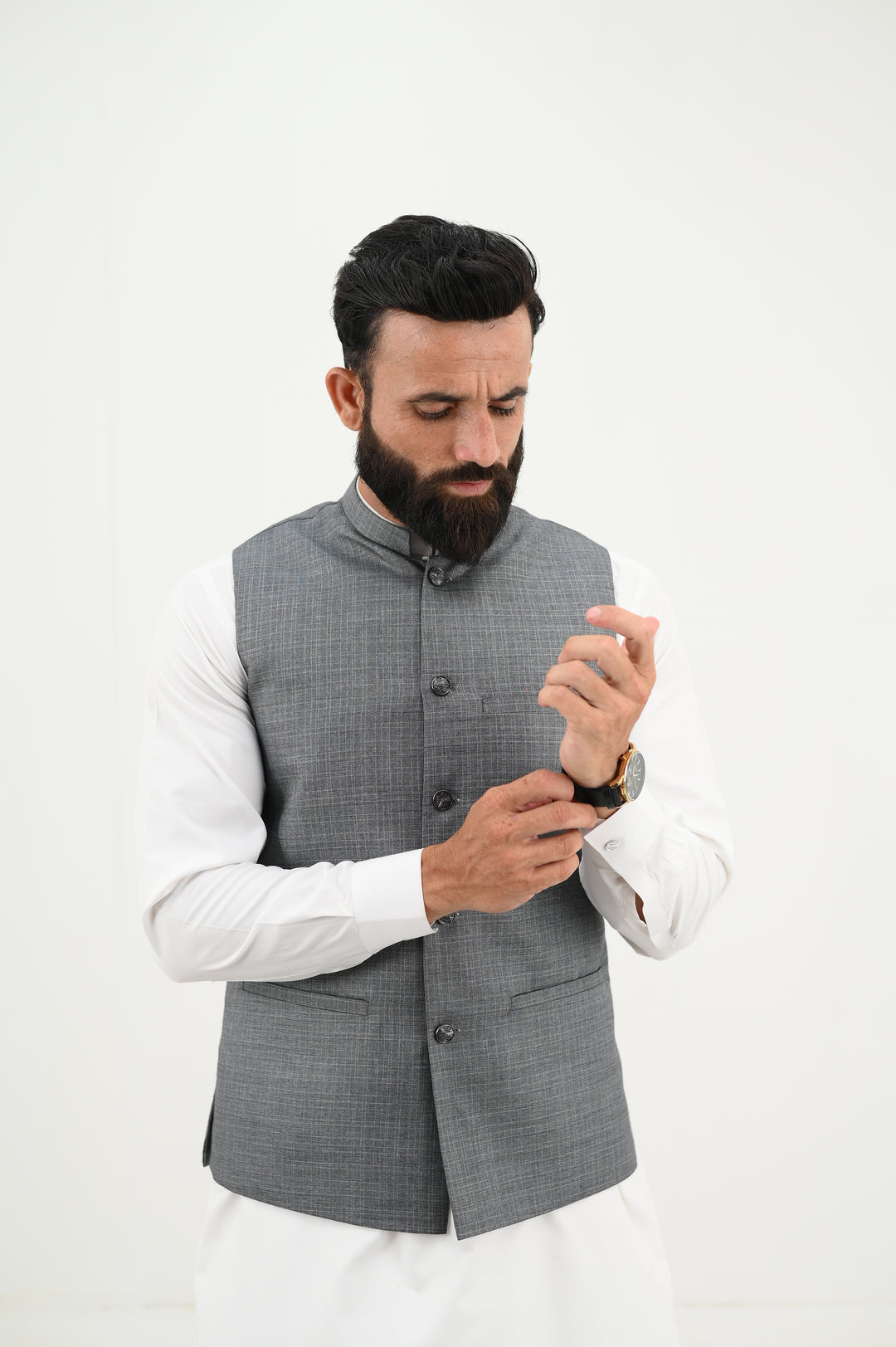 AlifYay - Blended Kurta Shalwar With Waistcoat For Men - White & Grey - 3 Piece Suit