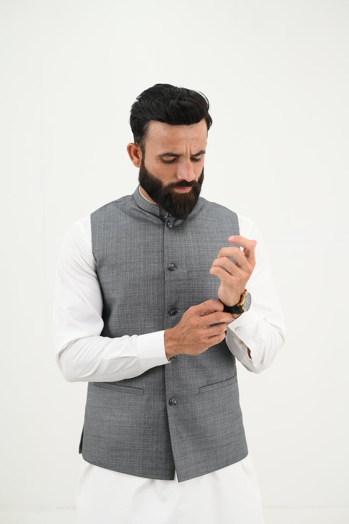 AlifYay - Blended Kurta Shalwar With Waistcoat For Men - White & Grey - 3 Piece Suit