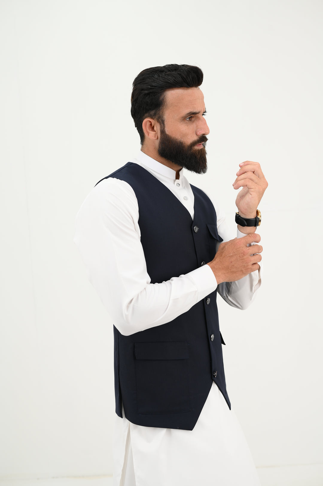 AlifYay - Blended Kurta Shalwar With Waistcoat For Men - White & Navy Blue - 3 Piece Suit