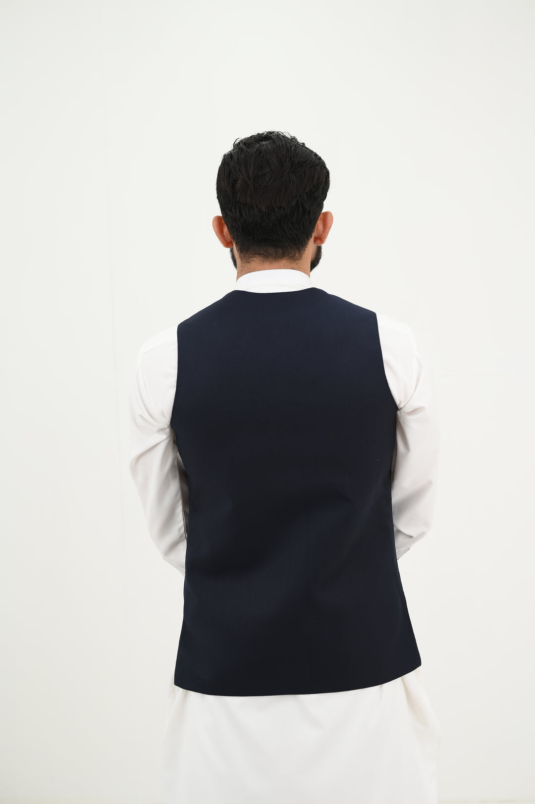 AlifYay - Blended Kurta Shalwar With Waistcoat For Men - White & Navy Blue - 3 Piece Suit