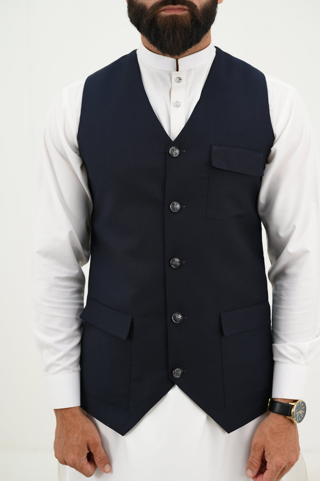 AlifYay - Blended Kurta Shalwar With Waistcoat For Men - White & Navy Blue - 3 Piece Suit