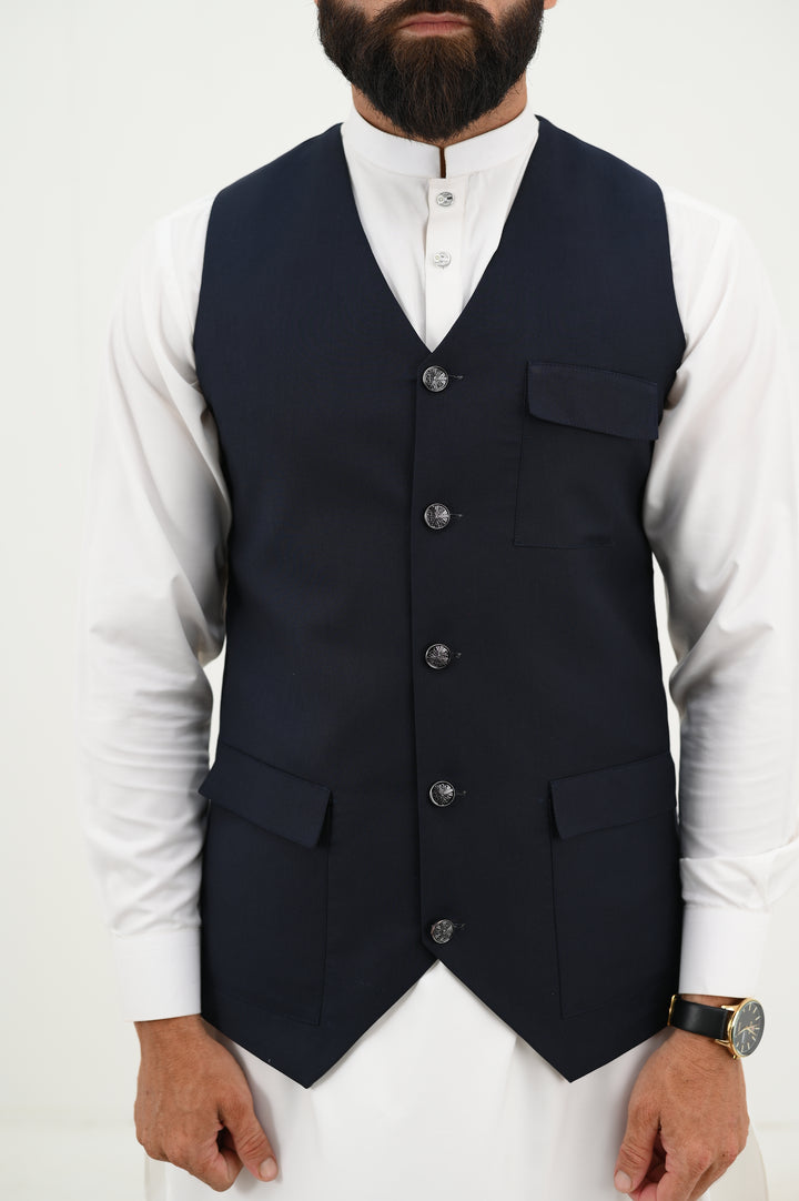 AlifYay - Blended Kurta Shalwar With Waistcoat For Men - White & Navy Blue - 3 Piece Suit