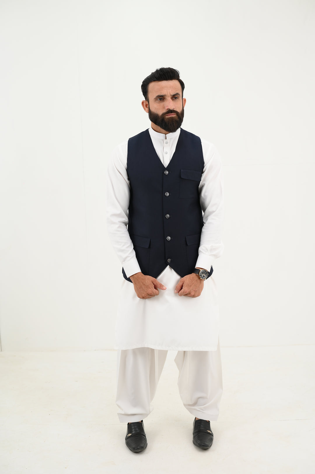 AlifYay - Blended Kurta Shalwar With Waistcoat For Men - White & Navy Blue - 3 Piece Suit