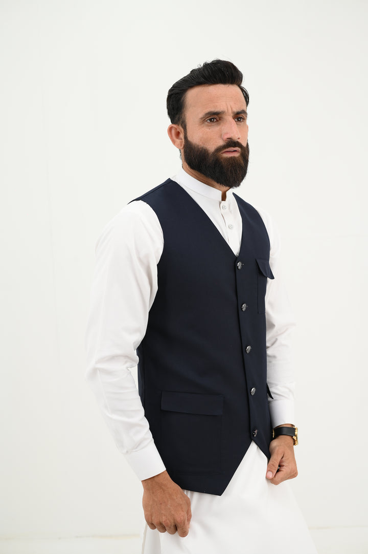 AlifYay - Blended Kurta Shalwar With Waistcoat For Men - White & Navy Blue - 3 Piece Suit