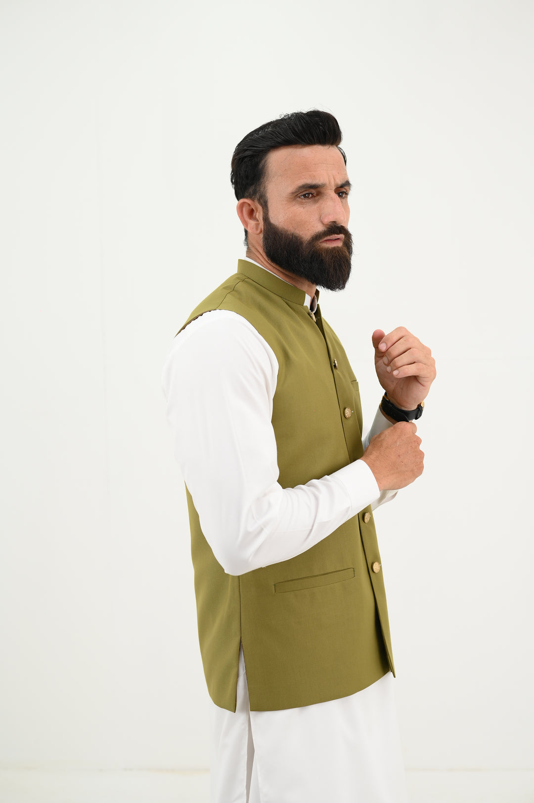 AlifYay - Blended Kurta Shalwar With Waistcoat For Men - White & Olive Green - 3 Piece Suit
