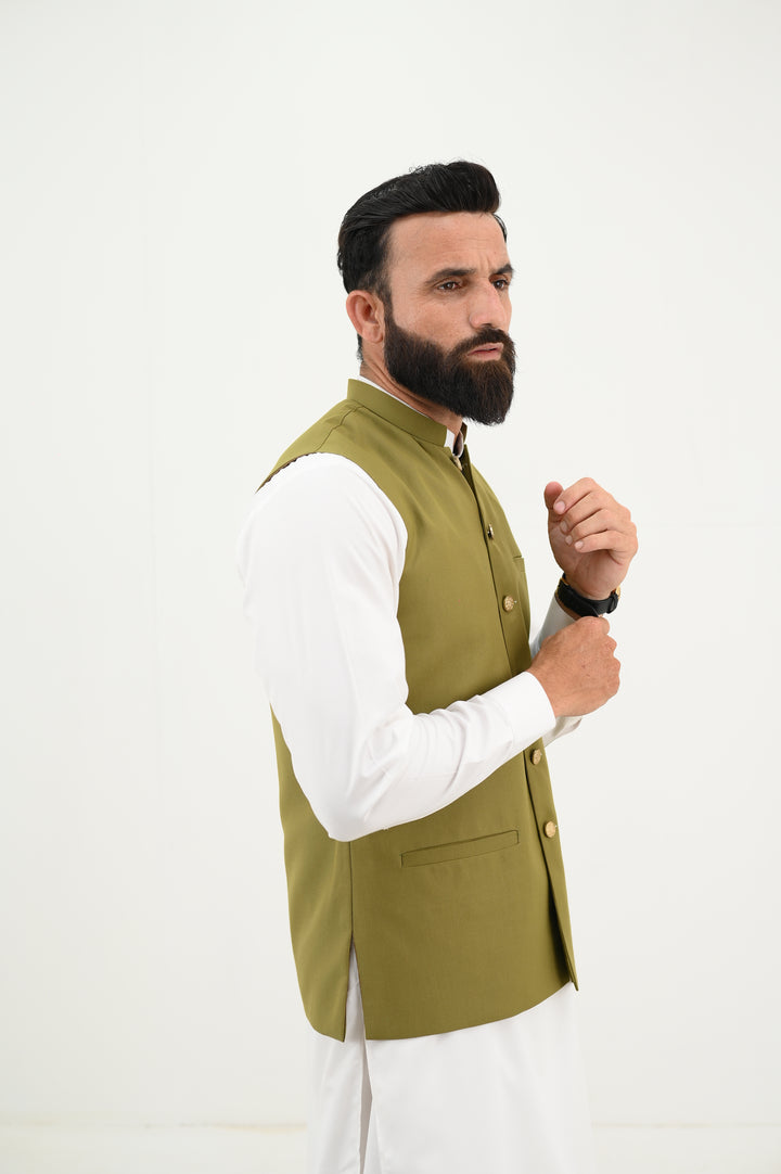 AlifYay - Blended Kurta Shalwar With Waistcoat For Men - White & Olive Green - 3 Piece Suit