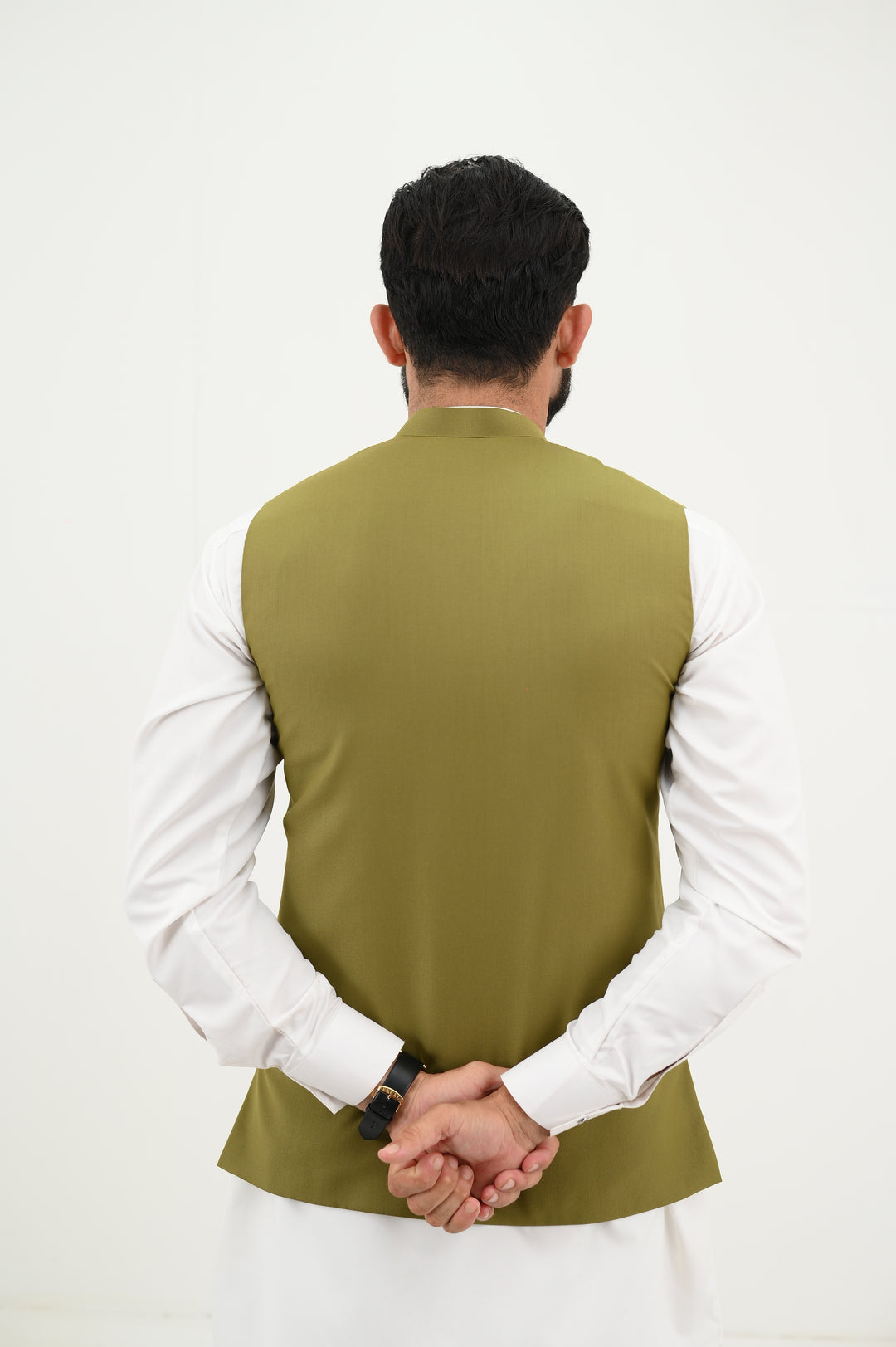 AlifYay - Blended Kurta Shalwar With Waistcoat For Men - White & Olive Green - 3 Piece Suit