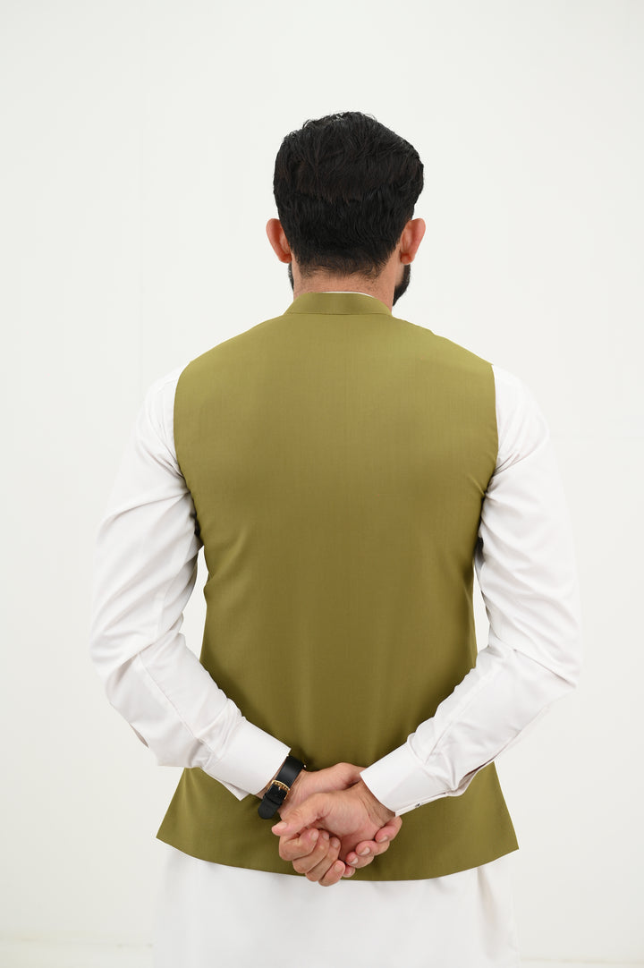 AlifYay - Blended Kurta Shalwar With Waistcoat For Men - White & Olive Green - 3 Piece Suit