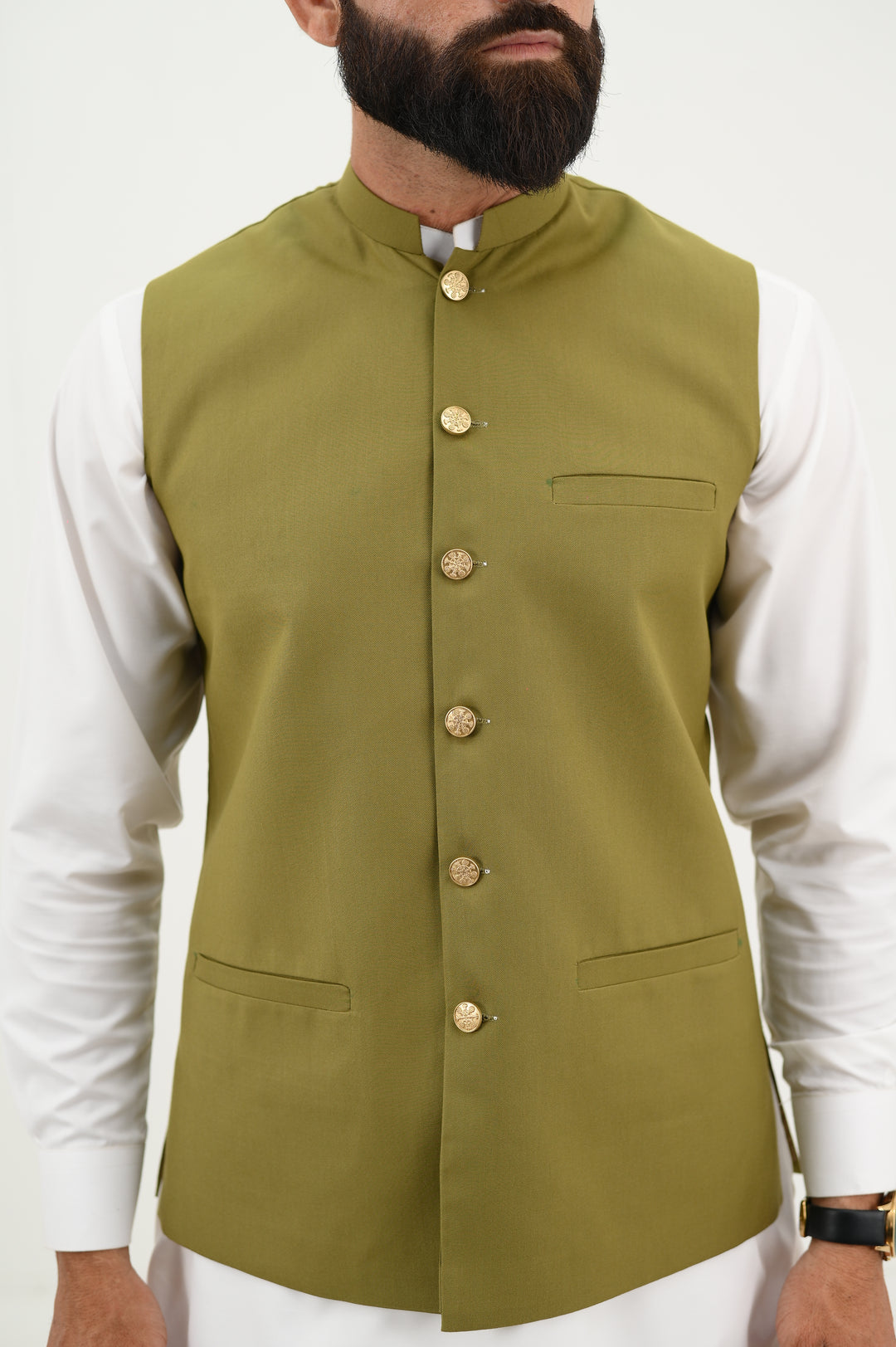 AlifYay - Blended Kurta Shalwar With Waistcoat For Men - White & Olive Green - 3 Piece Suit
