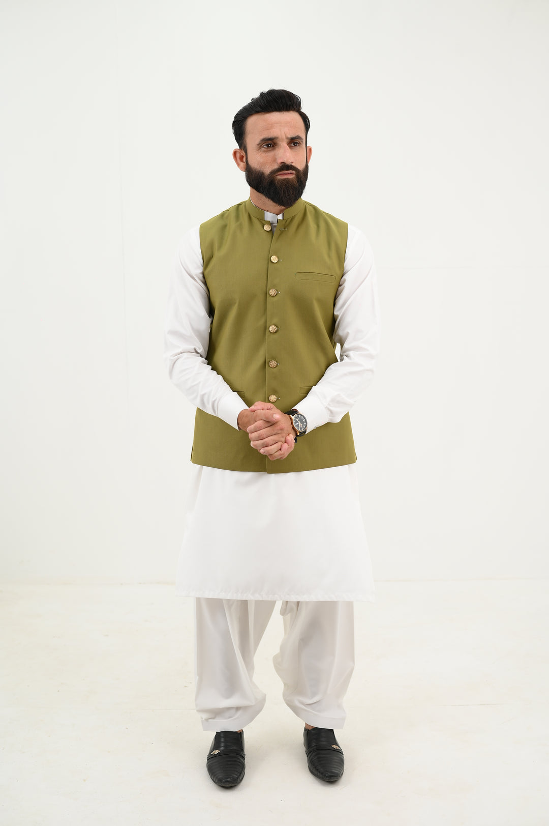 AlifYay - Blended Kurta Shalwar With Waistcoat For Men - White & Olive Green - 3 Piece Suit