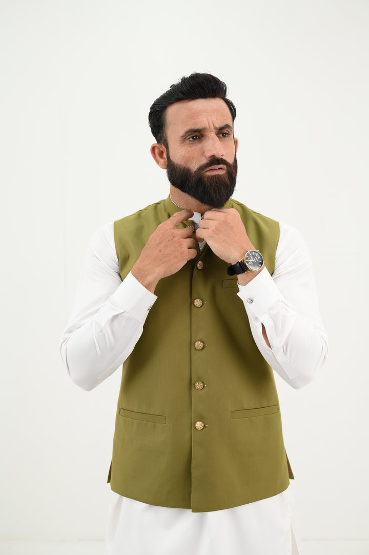 AlifYay - Blended Kurta Shalwar With Waistcoat For Men - White & Olive Green - 3 Piece Suit