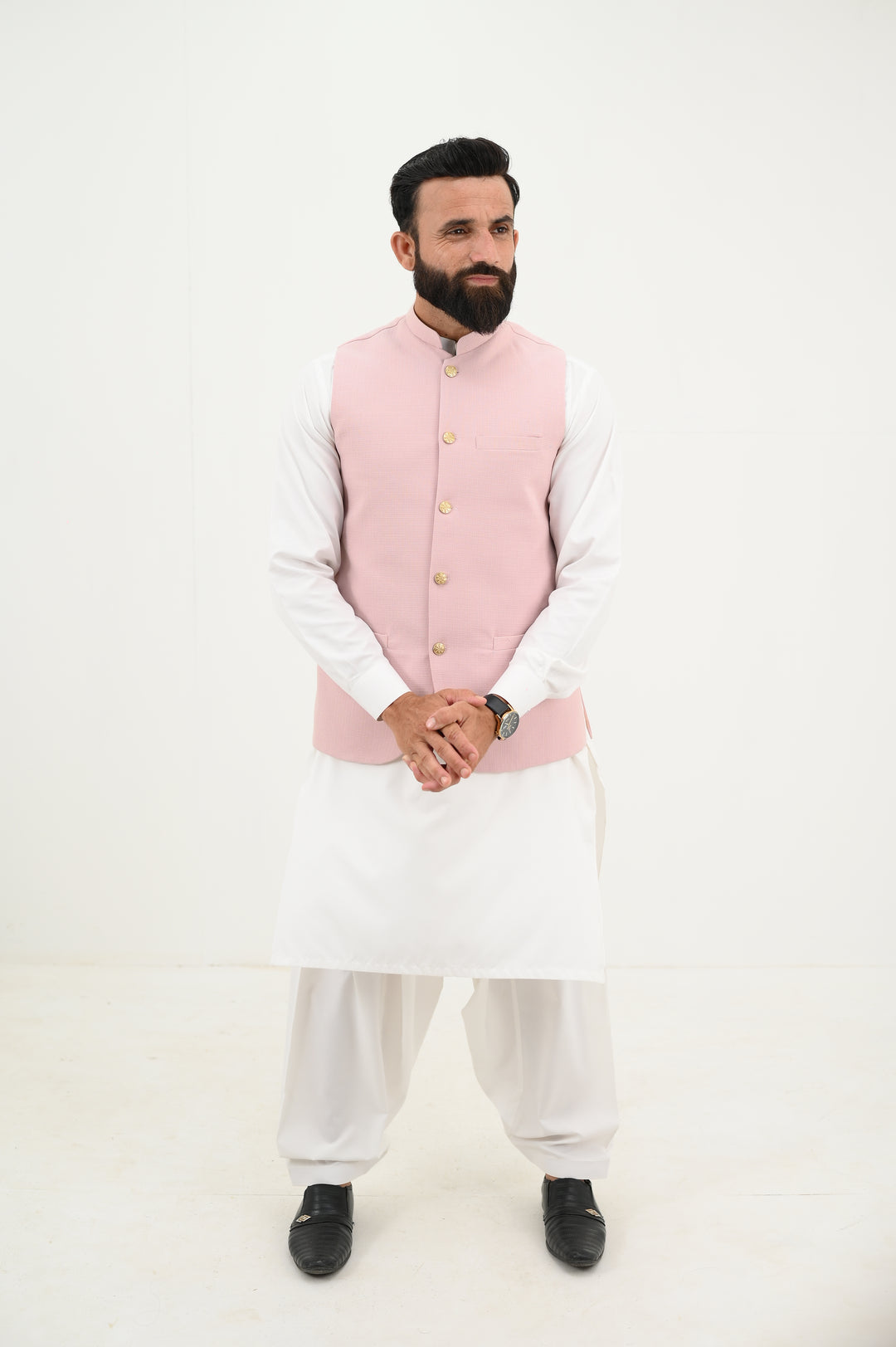 AlifYay - Blended Kurta Shalwar With Waistcoat For Men - White & Pastel Pink - 3 Piece Suit