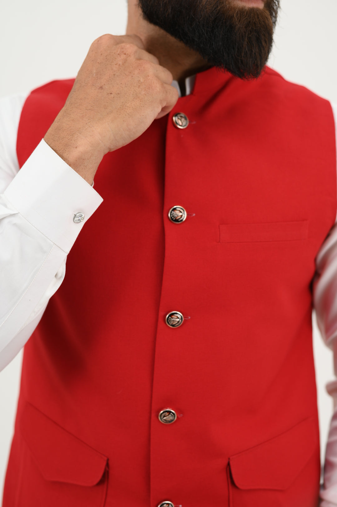 AlifYay - Blended Kurta Shalwar With Waistcoat For Men - White & Red - 3 Piece Suit