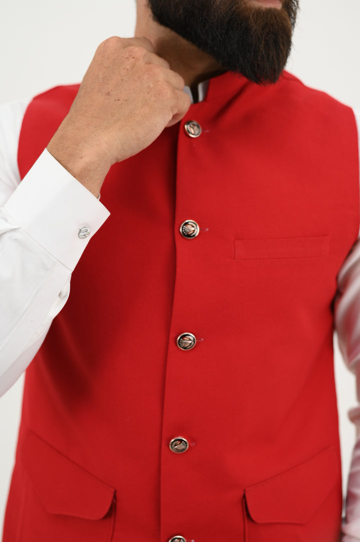 AlifYay - Blended Kurta Shalwar With Waistcoat For Men - White & Red - 3 Piece Suit