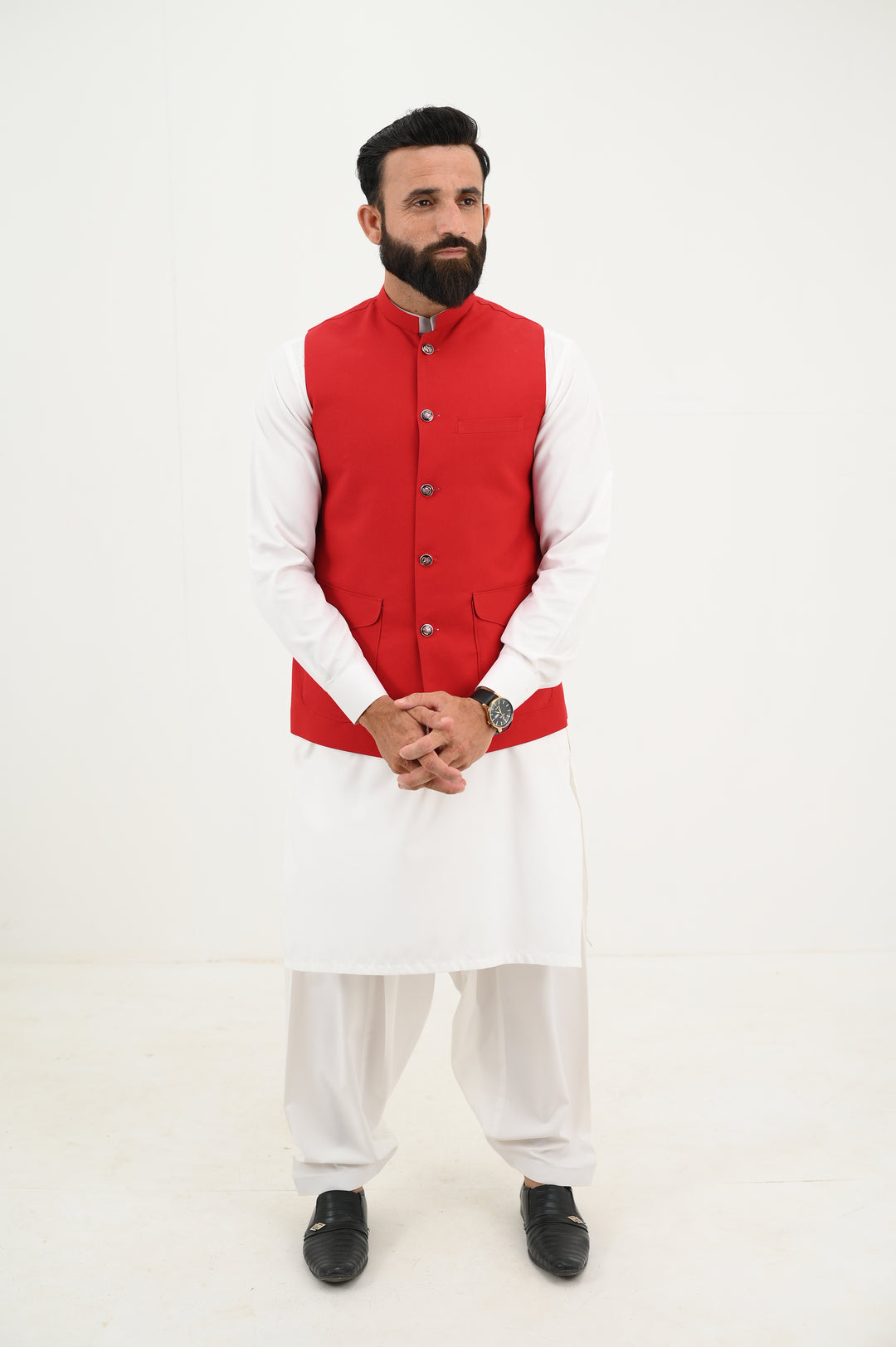AlifYay - Blended Kurta Shalwar With Waistcoat For Men - White & Red - 3 Piece Suit