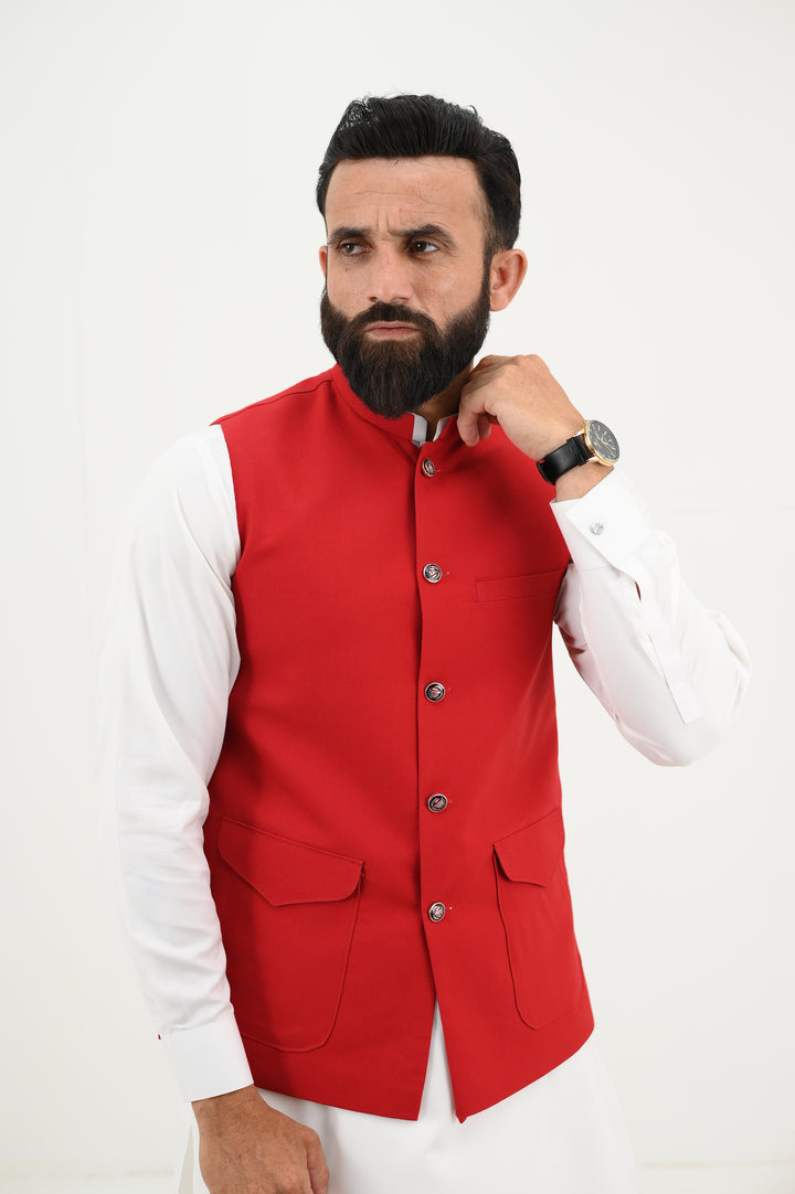 AlifYay - Blended Kurta Shalwar With Waistcoat For Men - White & Red - 3 Piece Suit