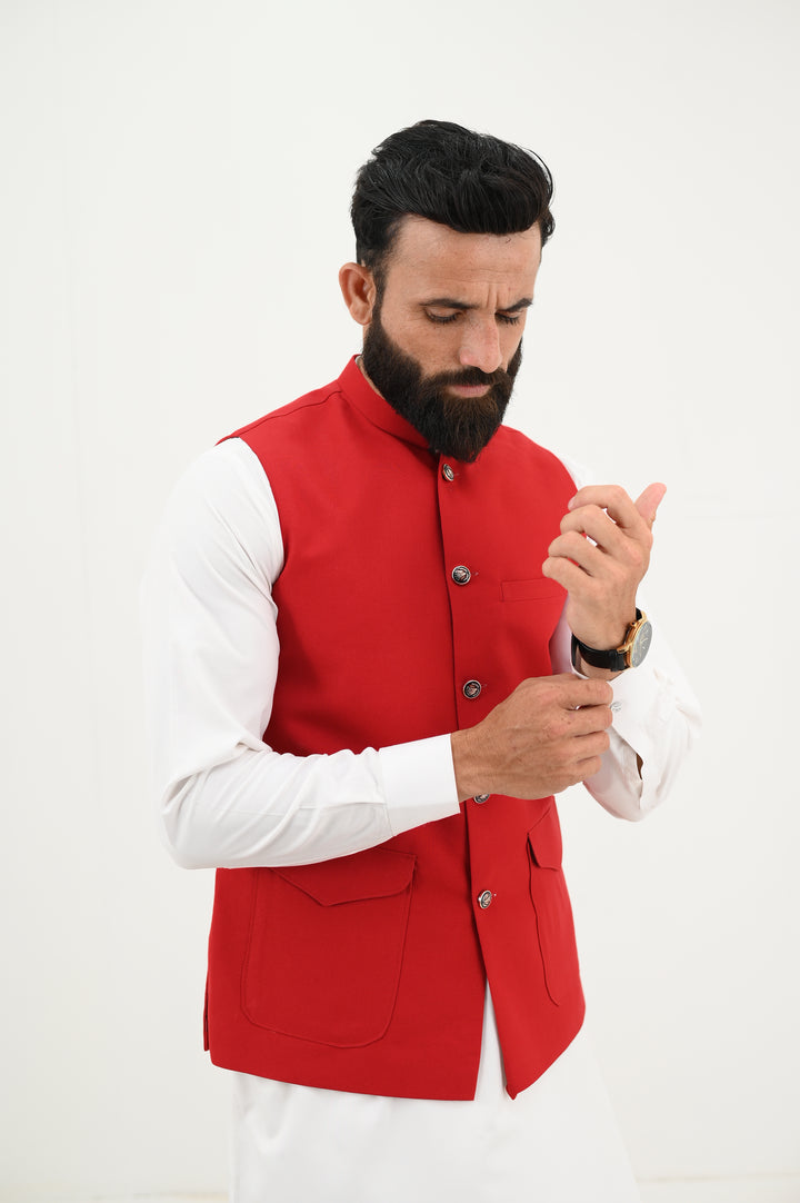 AlifYay - Blended Kurta Shalwar With Waistcoat For Men - White & Red - 3 Piece Suit