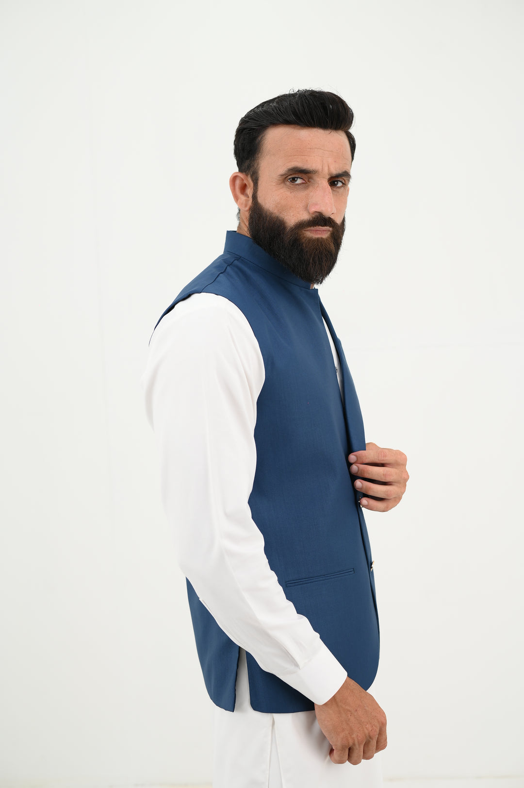 AlifYay - Blended Kurta Shalwar With Waistcoat For Men - White & Royal Blue - 3 Piece Suit
