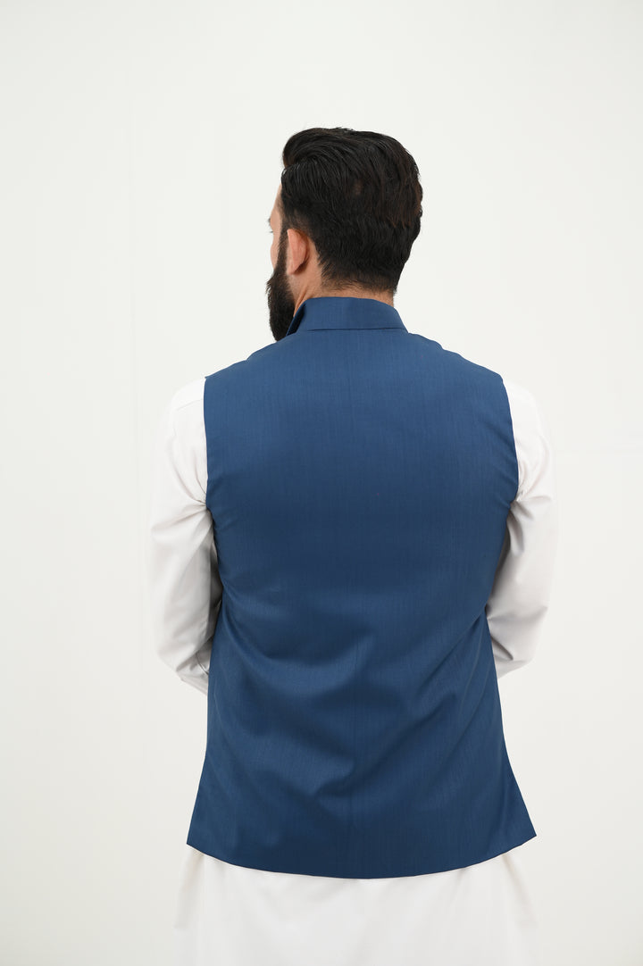 AlifYay - Blended Kurta Shalwar With Waistcoat For Men - White & Royal Blue - 3 Piece Suit