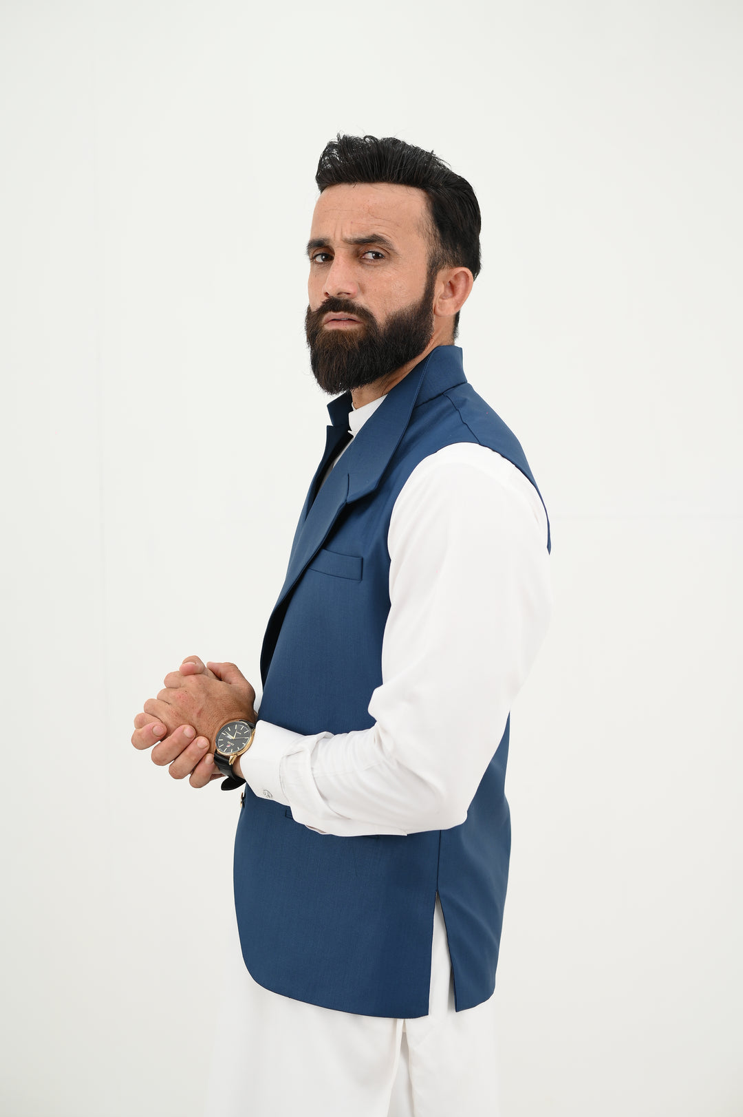 AlifYay - Blended Kurta Shalwar With Waistcoat For Men - White & Royal Blue - 3 Piece Suit