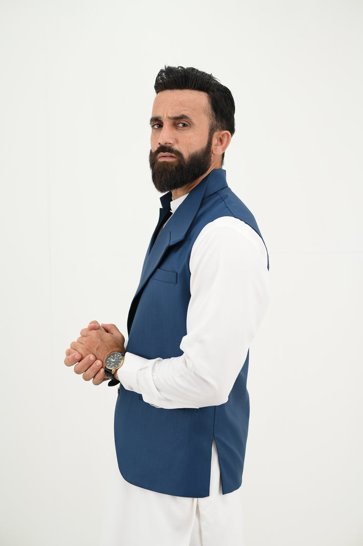 AlifYay - Blended Kurta Shalwar With Waistcoat For Men - White & Royal Blue - 3 Piece Suit